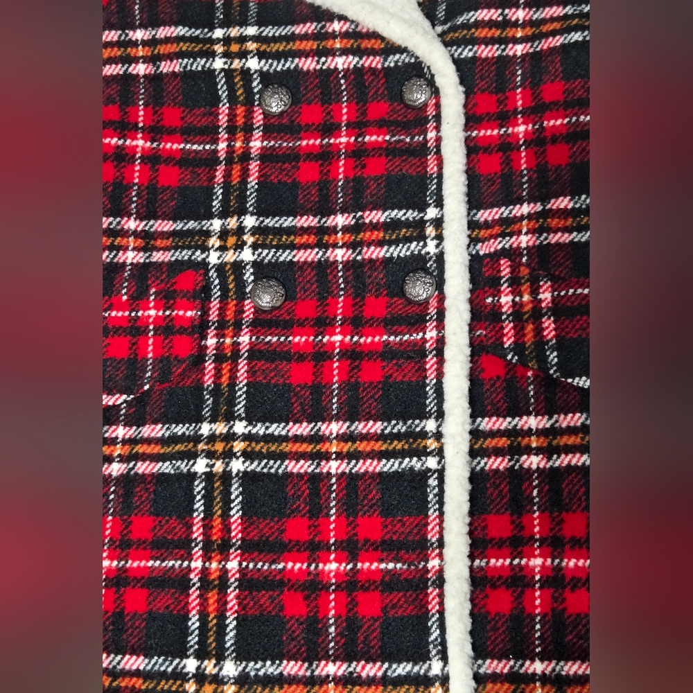 French Connection Red Plaid Pea Coat with White Faux Shearling Collar - Size XS - Picture 5 of 10